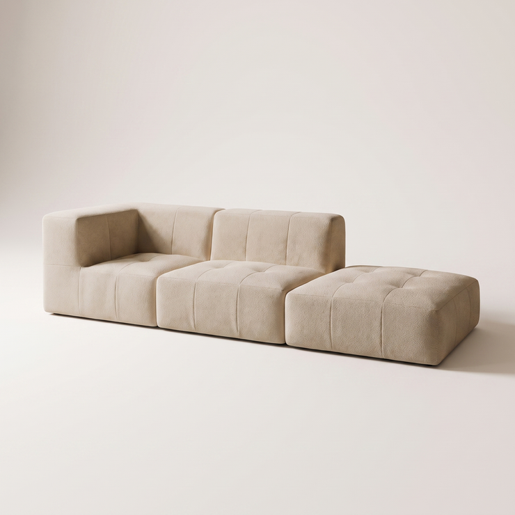 Sofá Lótus modular em bouclé bege, vista de três quartos sobre fundo neutro