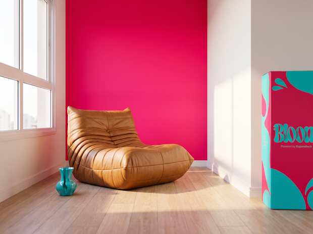 Poltrona Ipê numa sala com parede rosa, com a caixa Bloom ao lado