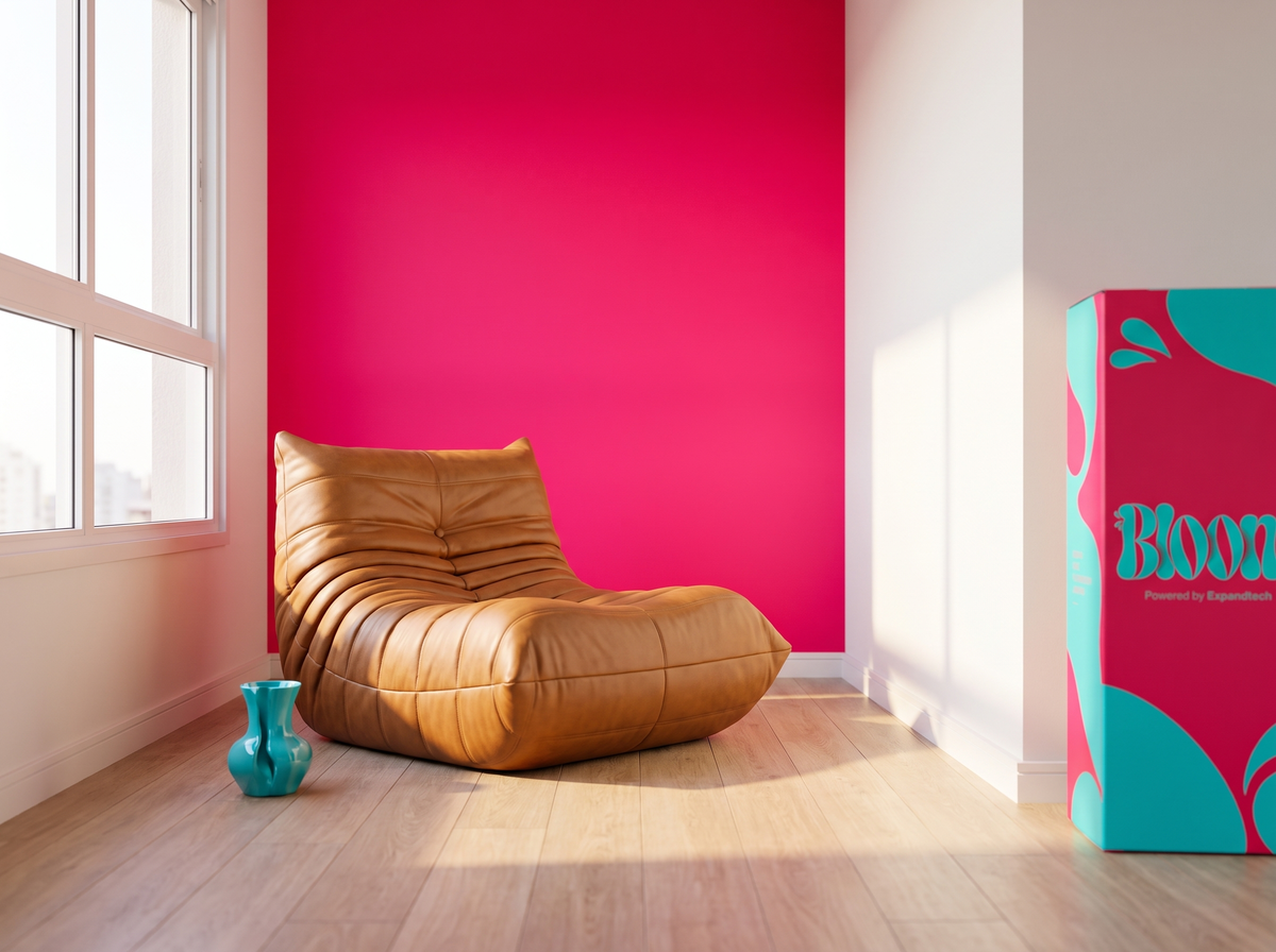 Poltrona Ipê numa sala com parede rosa, com a caixa Bloom ao lado