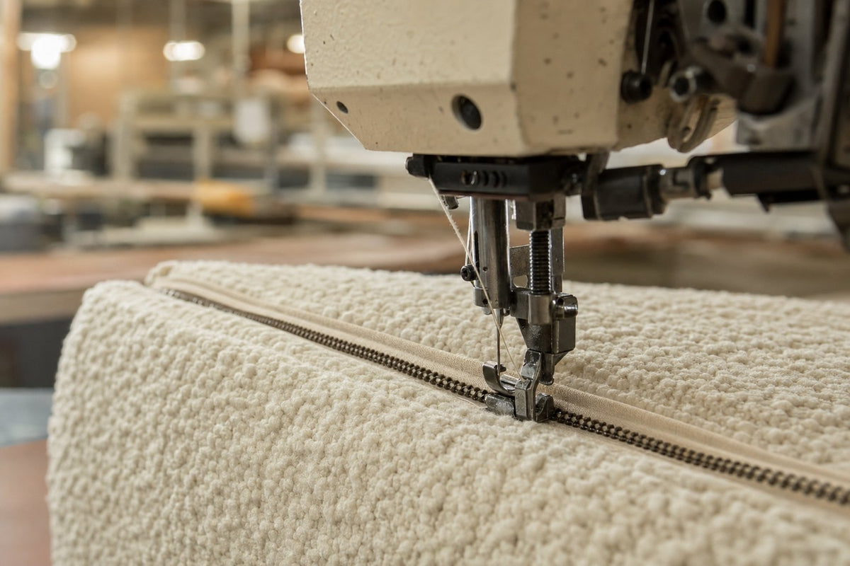 Máquina industrial costurando o zíper na capa de bouclé, em detalhe