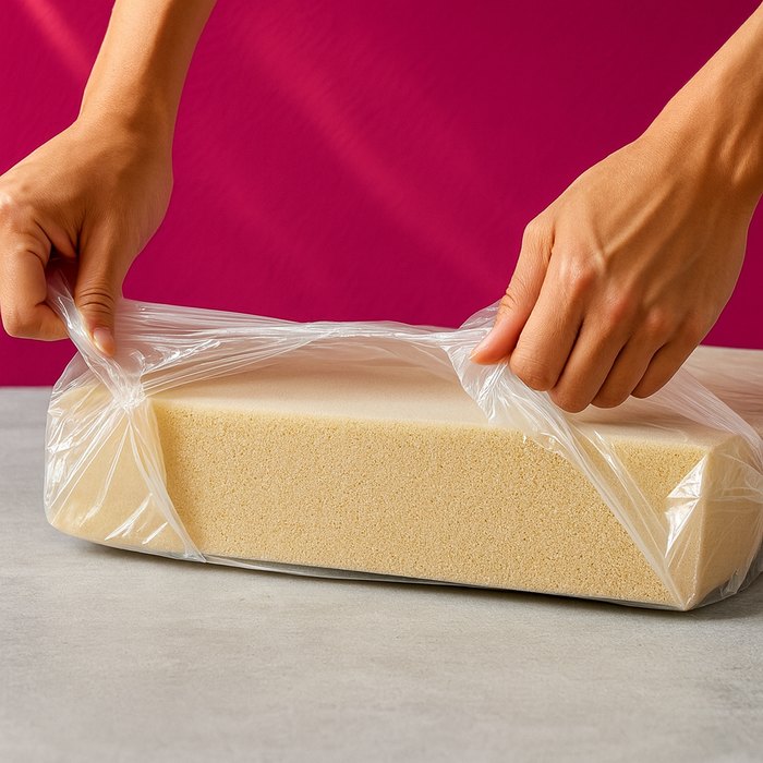 Mãos abrindo o plástico selado a vácuo que envolve o bloco de espuma