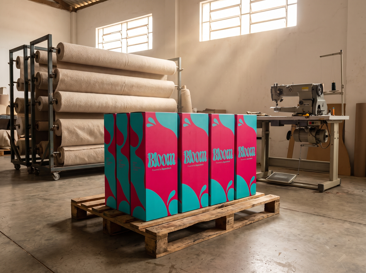 Caixas Bloom enfileiradas num palete dentro da fábrica, com rolos de bouclé ao fundo