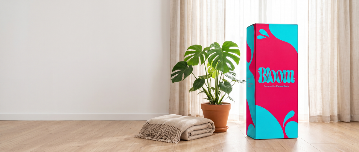 Caixa Bloom rosa com gotas turquesa em pé numa sala clara, ao lado de uma costela-de-adão e de uma manta dobrada, diante de uma janela com cortina