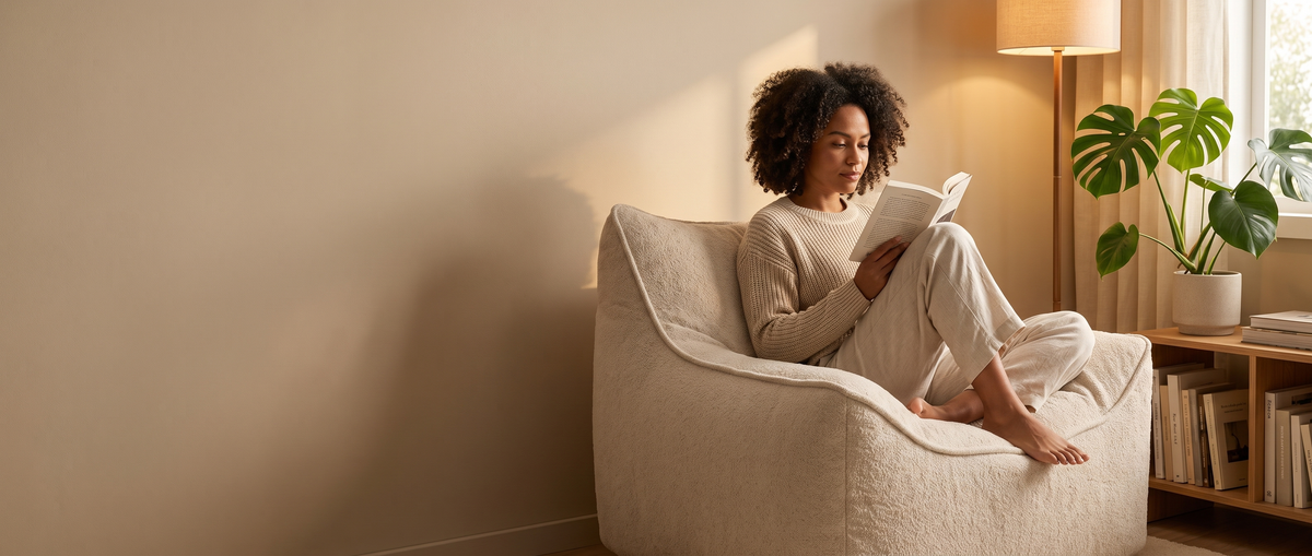 Mulher lendo um livro na poltrona Dália em bouclé bege, num canto de leitura com plantas e luz de fim de tarde
